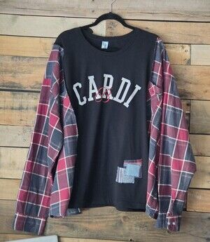 Cardi Graphic Black Shirt with Red Plaid Sleeves